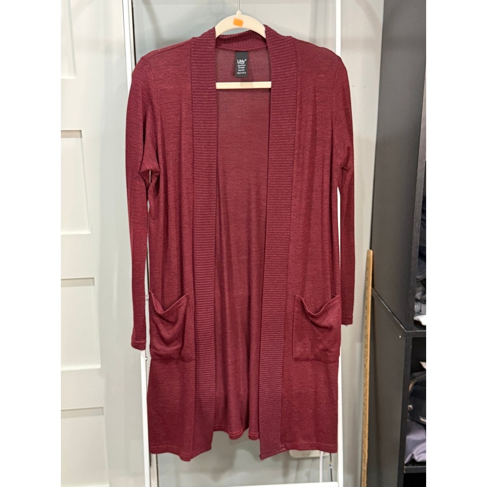 Lildy Burgundy Open Front Cardigan Longline Marl Knit Pocket Size S-M Minimalist